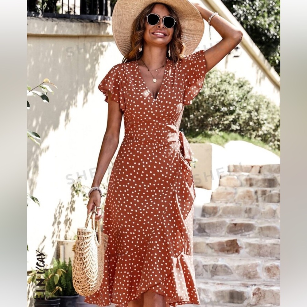 Women’s Burnt Orange Polkadot Print Wrap Dress. Flounce Sleeve&Hem Size L=8/10